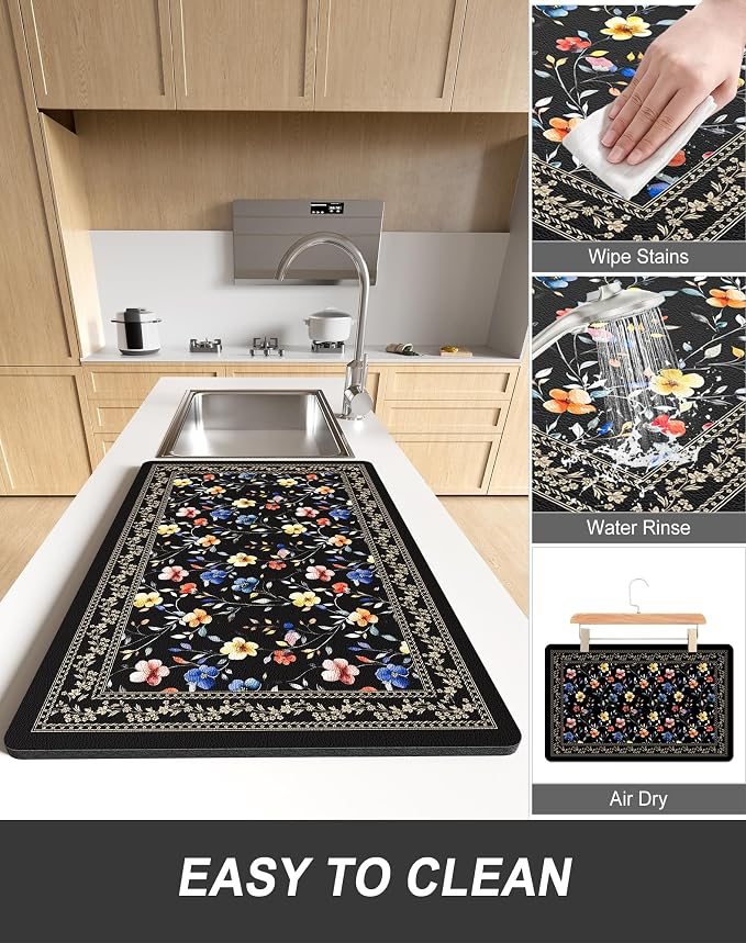 Rnivvi Dish Drying Mat for Kitchen Counter, 12 x 19" Cute Flower Theme Super Absorbent Draining Pad, Non-Slip Heat Resistant Coffee Bar Mat for Coffee Machine Station Accessories, Retro Dish Rack Pad