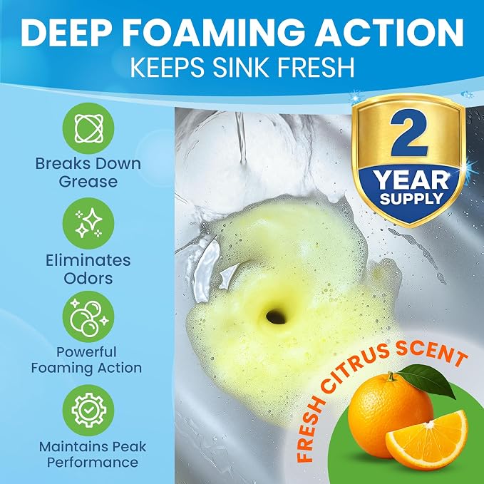 Garbage Disposal Cleaner Deodorizer Tablets – 48 Pack XL Foaming Citrus Cleaning Tablet - Sink Drain Disposer Garburator Freshener Odor Eliminator Grease Remover Septic Safe - 2 Year Supply