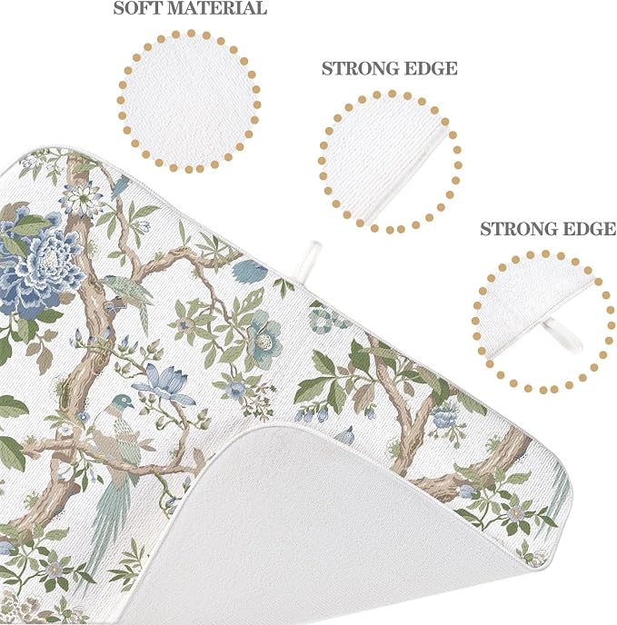 Blue Green Dish Drying Mat 18x24 Inch Chinoiserie Vintage Floral Bird Drying Mat Spring Summer Flower Seasonal Absorbent Dish Drying Pad Dish Rack Drainer Mats for Kitchen Dining Counter