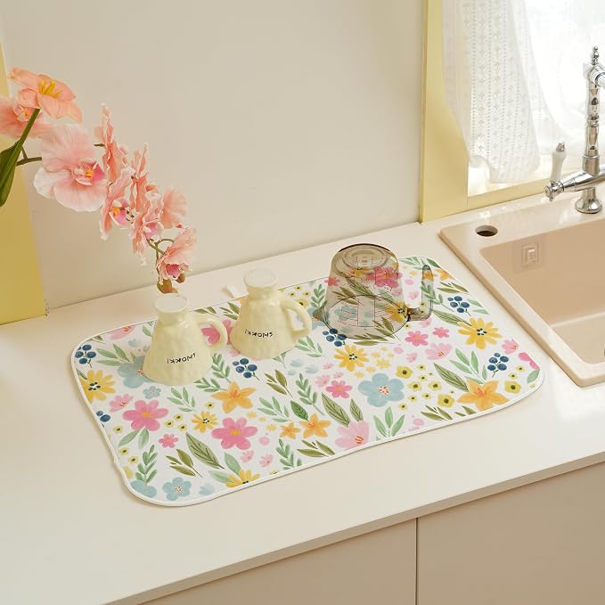 Spring Dish Drying Mat 18x24 Inches For Kitchen Counter Absorbent Pink Yellow Floral Kitchen Decoration Summer Colorful Flower Drying Mat Pad For Home Kitchen,Dining Room,Office Decor