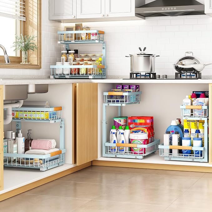 PXRACK Under Sink Organizer, Adjustable Height, 2 Tier Pull Out Under Cabinet Organizer, Slide Out Thickened Metal Under Sink Storage for Kitchen Bathroom Laundry Pantry Cabinet, Blue, Large-2-Pack