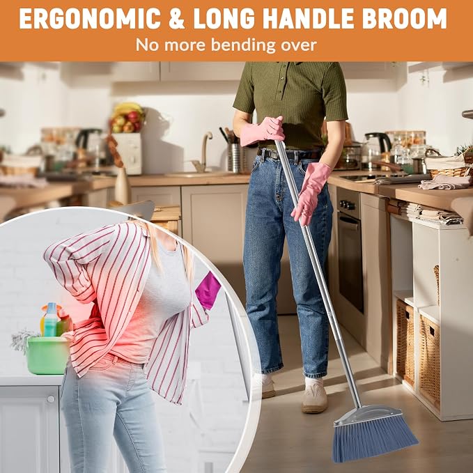 VOOWO Broom with Dustpan Combo Set, 46" Stainless Steel Broom and Dustpan Set for Home, Heavy Duty Dust Pan with Long Handle, Broom for Sweeping Indoor and Outdoor, Kitchen Broom and Dust Pan (Grey)