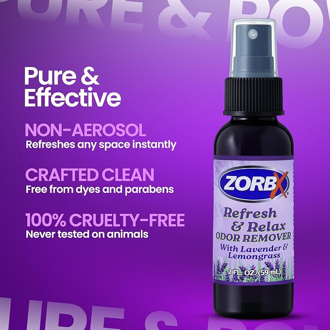 ZORBX Refresh & Relax Lavender Lemongrass Odor Remover Spray 2 Oz | Non-Aerosol Fabric Deodorizer & Room Freshener for Couch, Furniture, Home, Bathroom, Car, Gym & Laundry, Permanent Solution