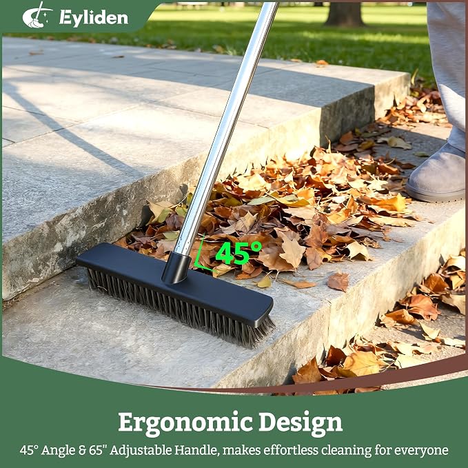 Eyliden Push Broom, 11.5-inch, Heavy Duty Moss Wire Scrub Brush | Stainless Steel Bristles, 65" Long Handle, for Deck, Floor, Concrete, Roof, Patio, Pool, Outdoor Cleaning