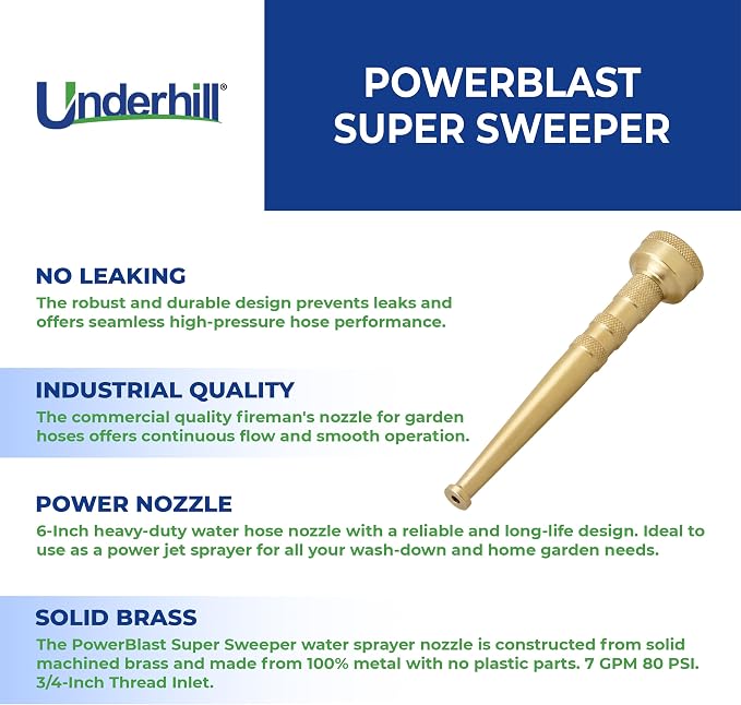 Underhill PowerBlast Super Sweeper 6-Inch Garden Water Hose Nozzle, Sprayer, Jet, 7 GPM 80 PSI, 3/4-Inch Thread Inlet, Heavy-Duty Adjustable, SN6-75