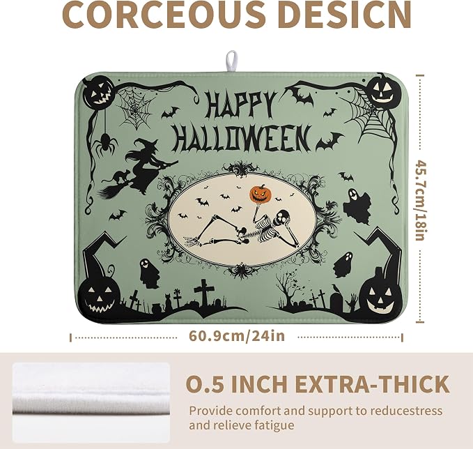 Happy Halloween Dish Drying Mat for Kitchen Counter 18x24 Skull Pumpkin Witch Spider Web Bat Ghost Drying Mats Green Black Absorbent Microfiber Dish Drainer Rack Pad for Coffee Bar