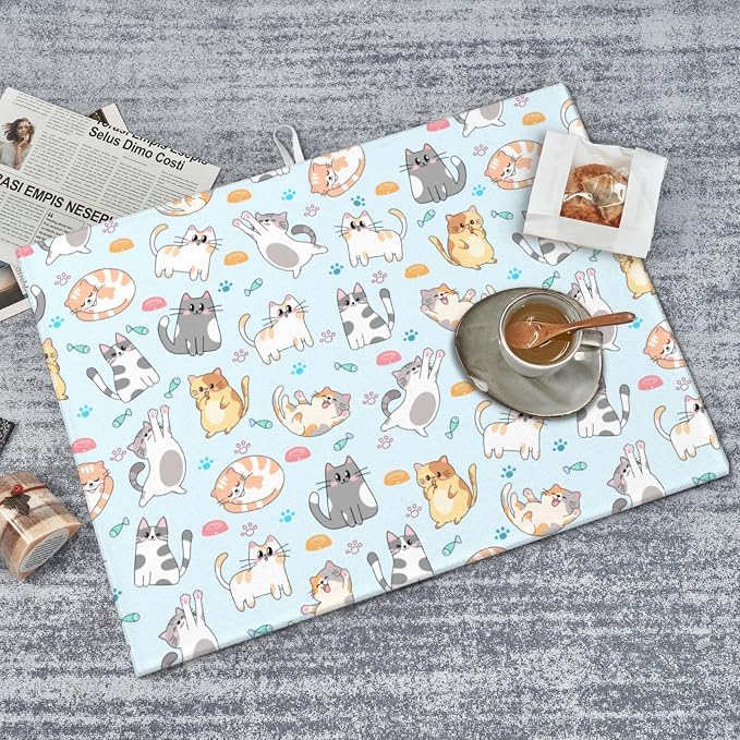 Cute Cat Dish Drying Mat for Kitchen Counter Cute Kitchen Dish Mat Microfiber Kitchen Countertop Absorbent Reversible Drainer Rack Pad