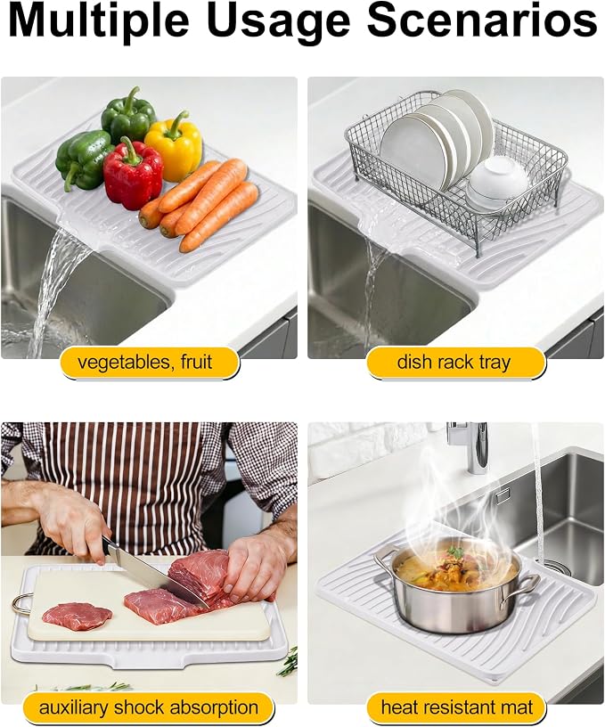 Silicone Dish Drying Mat for Kitchen Counter, Non-Slip Drain Pad with Built-in Drain, Heat Resistant Dish Drying Pad, Multi-Use Drying Mat, Dishwasher Safe & Hangable, White, 19.7" x 15"