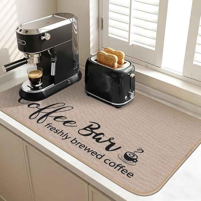 Findosom Dish Drying Mat, 17"x 32" Super Absorbent & Hide Stain Coffee Mat, Cuttable Drying Mat for Kitchen Counter, Coffee Bar Accessories, Under Dish Rack, Coffee Maker, Espresso Machine, Linen