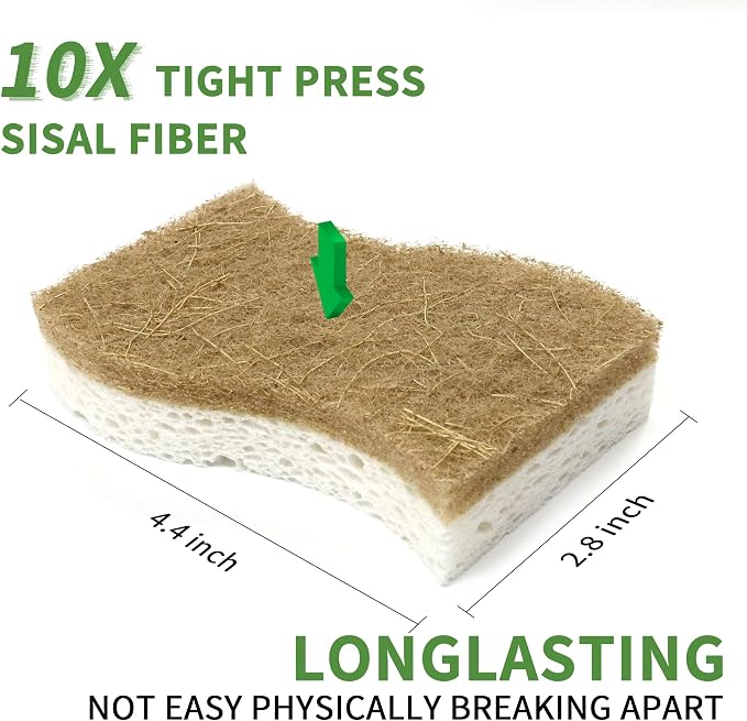 16 Pack Biodegradable Natural Kitchen Sponge - Compostable Cellulose and Coconut Walnut Scrubber Sponge - Eco Friendly Sustainable Sponges for Dishes