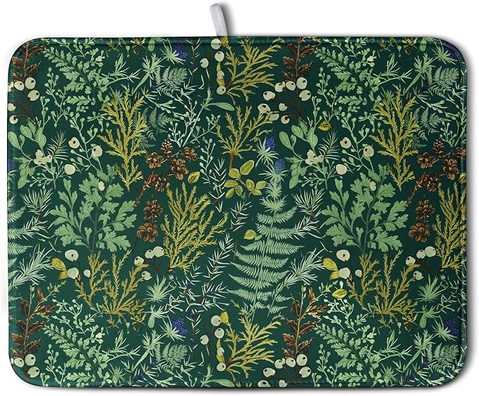 Dark Green Plant Dish Drying Mat for Kitchen Counter Vintage Botanical Floral Leaf Dishes Drying Mat Absorbent Microfiber Dish Draining Pad Washable Large Dish Drainer Rack Mats 18x24 Inch