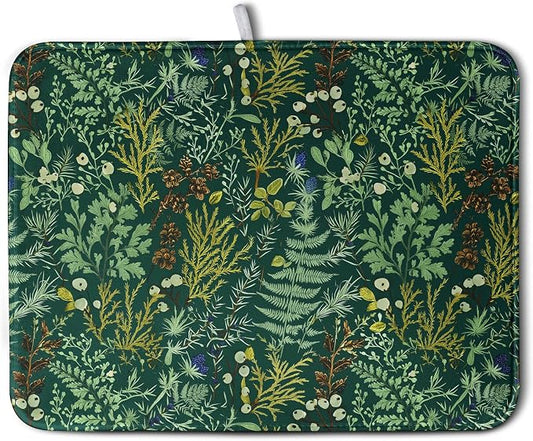 Dark Green Plant Dish Drying Mat for Kitchen Counter Vintage Botanical Floral Leaf Dishes Drying Mat Absorbent Microfiber Dish Draining Pad Washable Large Dish Drainer Rack Mats 18x24 Inch