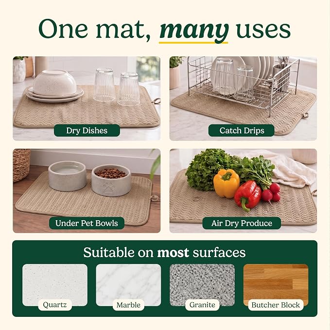 Cuisinart Dish Drying Mat for Kitchen Counter - 2-Pack XL 18x24 Ultra Absorbent Microfiber Dish Mat - Fast Drying, Machine Washable, Foldable Countertop Pad - Safe for Granite & Quartz
