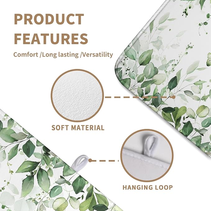 Sage Green Leaf Dish Drying Mat for Kitchen Counter Spring Eucalyptus Leaves Drying Mats Summer Floral Microfiber Absorbent Dishes Pad Reversible Washable Dish Drainer Rack Mat Large 18x24 Inch