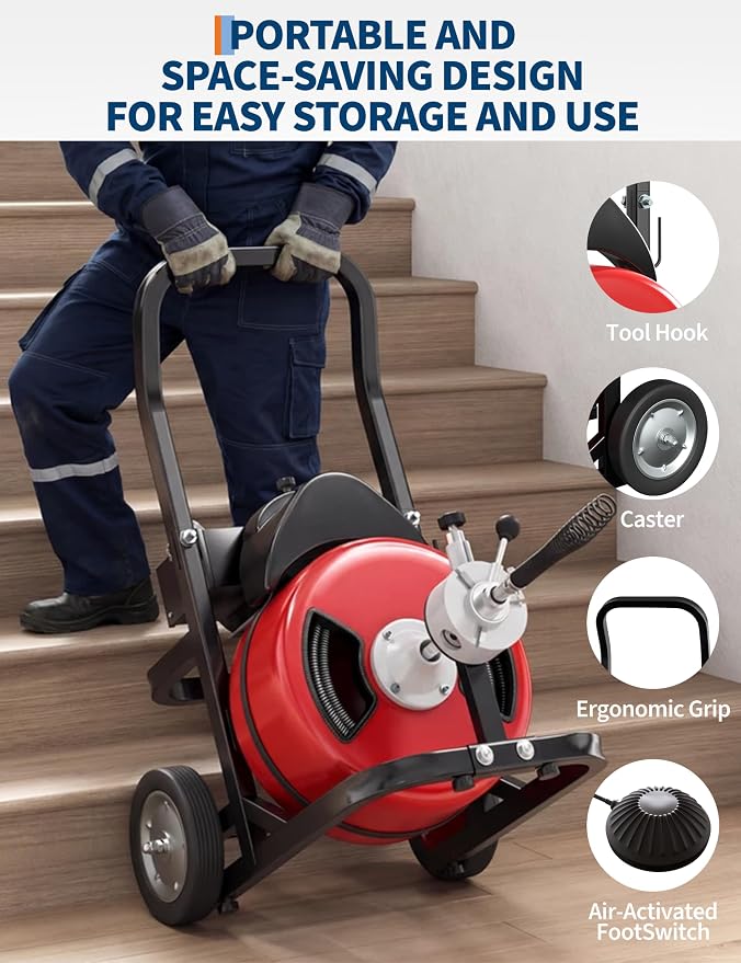 Garvee Drain Cleaner Machine Electric 370W 100FT 1/2 Inch Steel Core Cable | Durable steel cable , 370W motor, auto-feed, foot switch, portable with wheels — for pipes, drains, sinks, toilets