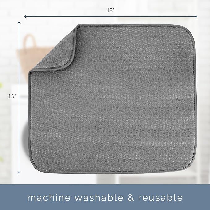 S&T INC. Dish Drying Mat, 16" x 18", Large, Diamond Texture, Grey | Absorbent Microfiber, Kitchen Counter Mat for Dishes, Utensils, Pots and Pans, Machine Washable