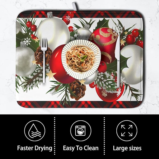 Christmas Red Buffalo Plaid Dish Drying Mat for Kitchen Counter 16x18 Inch Winter Xmas Ball Snowflake Pine Cones Dishes Drying Mat Microfibe Super Absorbent Dish Rack Pad for Coffee Bar Sinks
