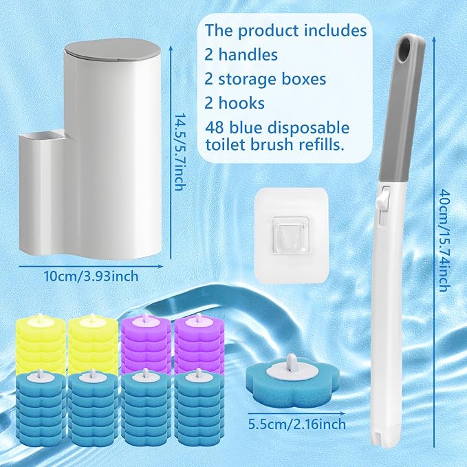 2 Pack Disposable Toilet Brush and Holder Set, Disposable Toilet Cleaning System Extended Handle with 48 Toilet Wand Refills, Toilet Brush for Toilet Bowl Cleaners, Bathroom Cleaning, Bathtub