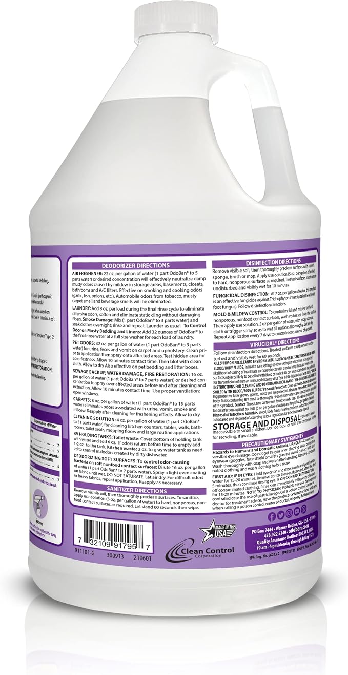 OdoBan Ready-to-Use Disinfectant and Odor Eliminator, Made in the USA, Lavender Scent, Set of 2, 32 oz Spray and 1 Gallon Concentrate