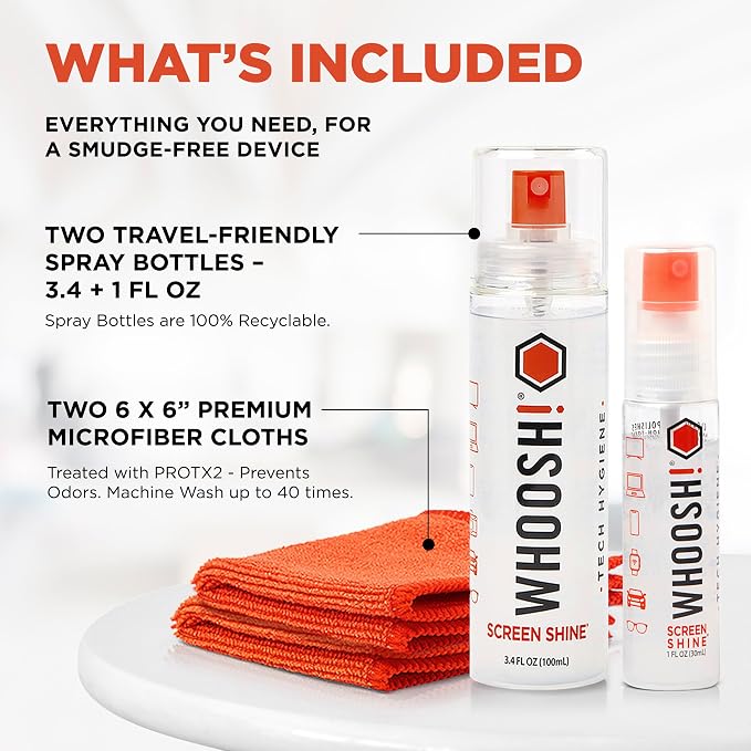 WHOOSH! Screen Shine Duo XL - Screen Cleaner Spray and Wipe for Eyeglasses, Phone & Laptop - Removes Fingerprints - Includes 3.4 oz + 1 oz Leak-Free Bottles & 2 Microfiber Cloths for Home & Travel