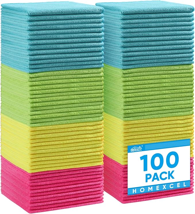 HOMEXCEL 100PK Microfiber Cleaning Cloth, Cleaning Rag for Home, 11.5x11.5 | Reusable, Lint Free, Scratch-Free and Highly Absorbent Towels for Kitchen, Window and Glass, Cars (Green/Blue/Yellow/Pink)