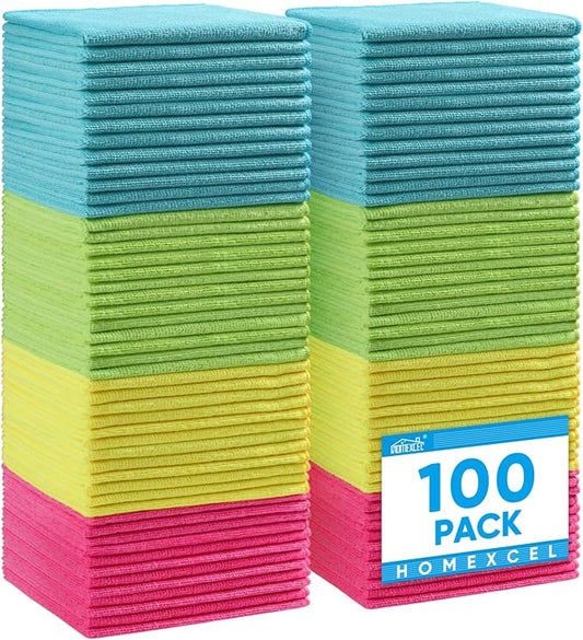 HOMEXCEL 100PK Microfiber Cleaning Cloth, Cleaning Rag for Home, 11.5x11.5 | Reusable, Lint Free, Scratch-Free and Highly Absorbent Towels for Kitchen, Window and Glass, Cars (Green/Blue/Yellow/Pink)