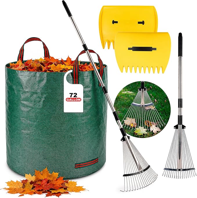 Leaf Collector Garden Rake Set - Adjustable 18 Tines Leaf Rakes & Leaf Picker Upper & 72 Gallon Lawn Waste Bag, Heavy Duty Collect Rake, Hand Leaf Scoop, Brown Paper Dumpster, Yard Gardening Tool