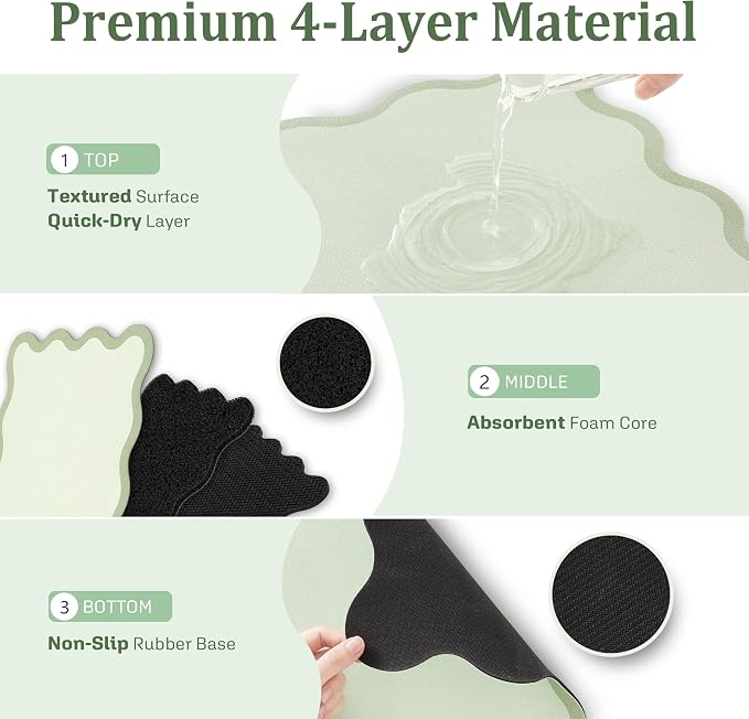 Scalloped Dish Drying Mat for Kitchen Counter, Absorbent Easy Clean Non-slip Coffee Bar Station Accessories, Trendy Cute Aesthetic Modern Drainer Kitchen Drying Mat, Sage Green 15" x 24"