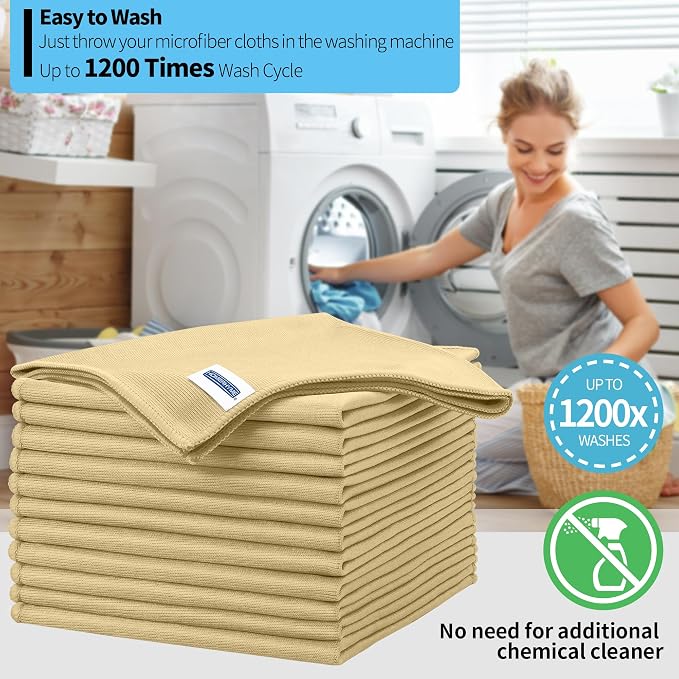 Microfiber Cleaning Cloth, 12 Pack Window Glasses Cleaning Cloth, Reusable Lint-Free Streak Free Polishing Cloth Wipes for Stainless Steel, Eyeglass, Mirror, Screen & Lense,12"*12" Beige