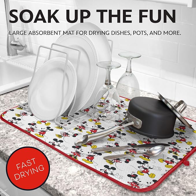 Disney Dish Drying Mats for Kitchen Counter (2 Pack) – 16" x 18" Absorbent Kitchen Drying Mats for Dishes – Mickey & Minnie, Winnie the Pooh, & Stitch Dish Mats