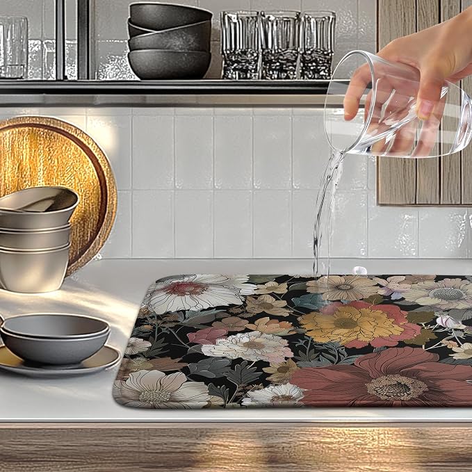 Spring Boho Floral Dish Drying Mats Spring Summer Vintage Flowers Dish Mat Farmhouse Drying Matt Dishes Dryer Pad for Kitchen Counter Absorbent Microfiber Washable Foldable Reusable 18x24 in