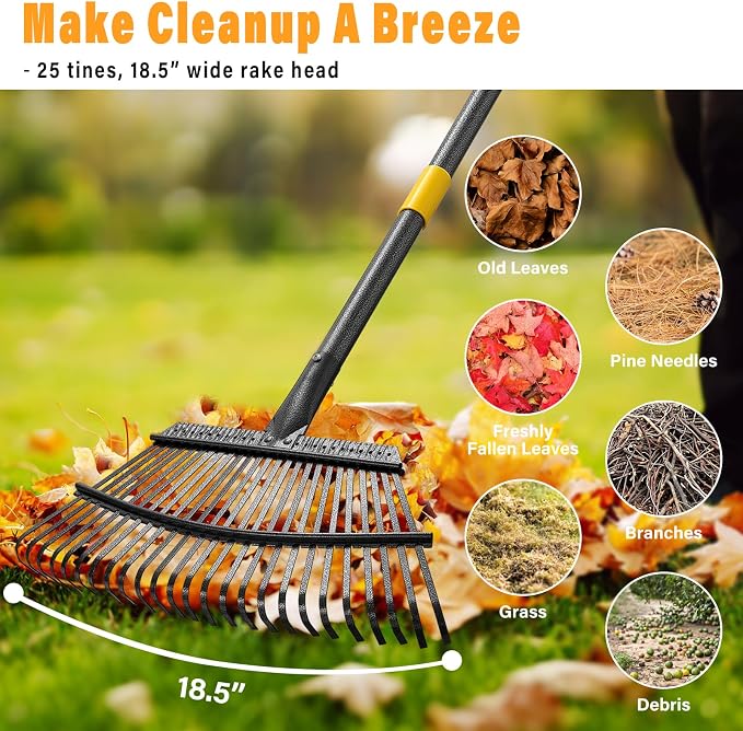 25-Tine Metal Leaf Rake Set with Adjustable Handle, 32-Gallon Bag & Leaf Scoops for Effortless Yard Cleanup, Heavy Duty Sturdy Garden Rake for Lawns, Backyard, Fall & Spring Cleaning 6FT