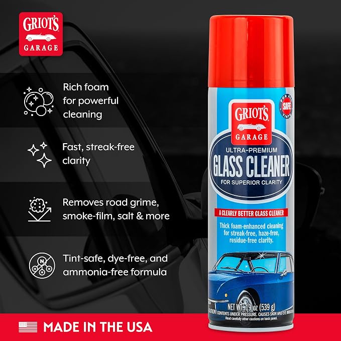 Griot's Garage Ultra-Premium Glass Cleaner, Foaming Aerosol Spray for Car Window, Windshield, Mirror, Tint Safe, Ammonia-Free Formula, 19 Oz, 10998