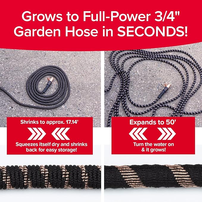Pocket Hose 50 FT Copper Bullet Expandable Garden Hose w/10 Pattern Thumb Spray Nozzle AS SEEN ON TV 650psi 3/4 in Patented Lead-Free Ultra-Lightweight Solid Copper Anodized Aluminum