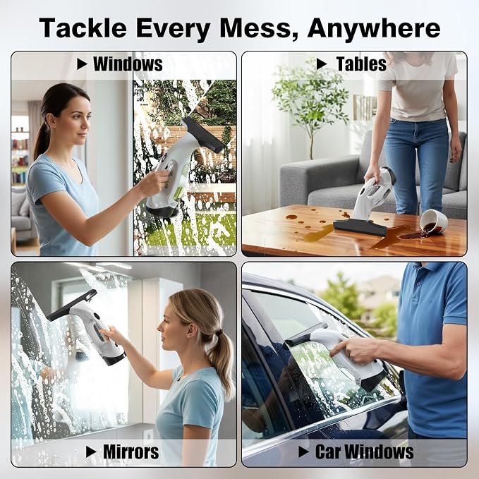 Window Vacuum Squeegee Cordless, 2000Pa Electric Window Cleaner Tool with 2200mAh & 150ml Water Collection Tank, Window Cleaning Kit Shower Squeegee for Glass Doors, Mirrors, Car Windows(White)
