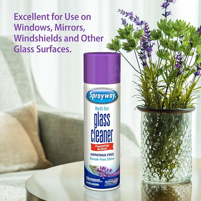 Sprayway Glass Cleaner Lavender Scent Foaming Aerosol Spray, 19oz, Ammonia-Free, Streakless, Fast-Acting | Cleans & Polishes Glass Surfaces | Removes Fingerprints, Dust, Dirt, 6 Count (Pack of 2)