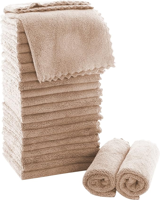 MOONQUEEN Ultra Soft Premium Washcloths Set - 12 x 12 inches - 24 Pack - Quick Drying - Highly Absorbent Coral Velvet Bathroom Wash Clothes - Use as Bath, Spa, Facial, Fingertip Towel (Brown)