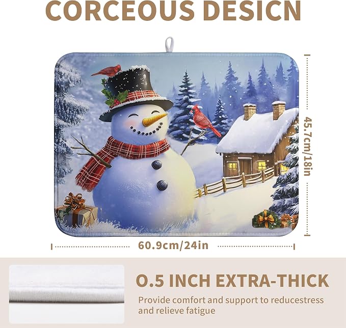 Christmas Snowman Kitchen Drying Mat - Winter Snow Cardinals Pine Trees Dish Drainer - Large Microfiber Absorbent Fast Drying Pad for Kitchen Countertop 1824