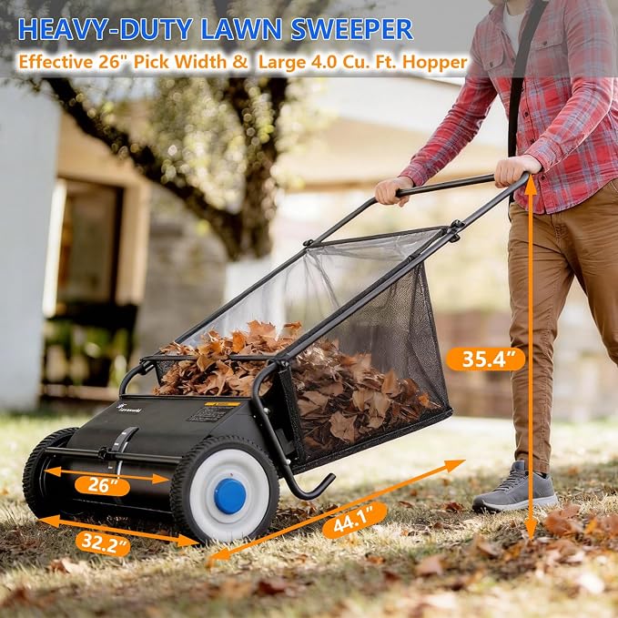 26 Inch Push Powered Garden Sweeper for Grass Clippings, Leaves & Debris – Manual Push Yard Sweeper