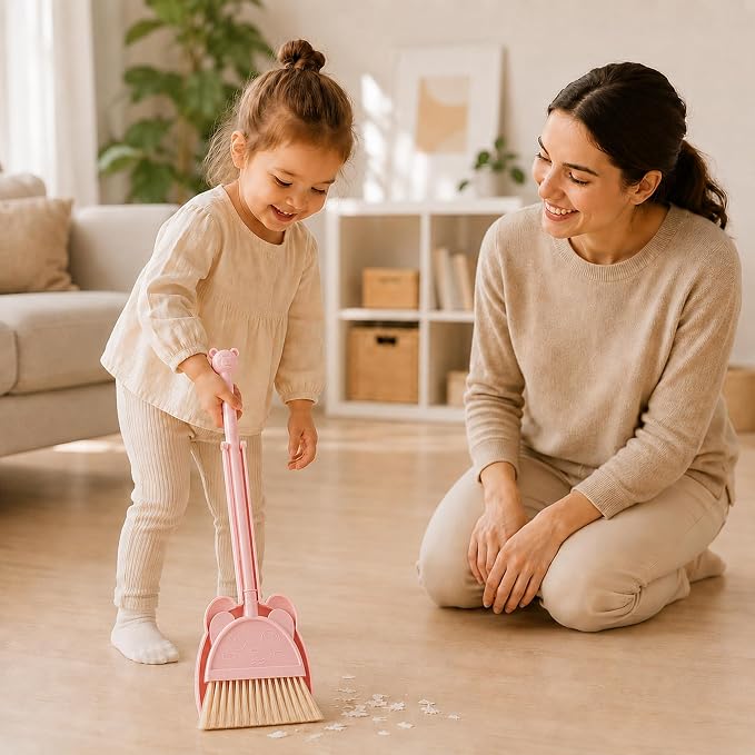 Mini Broom with Dustpan for Kids,Little Housekeeping Helper Set (Pink)