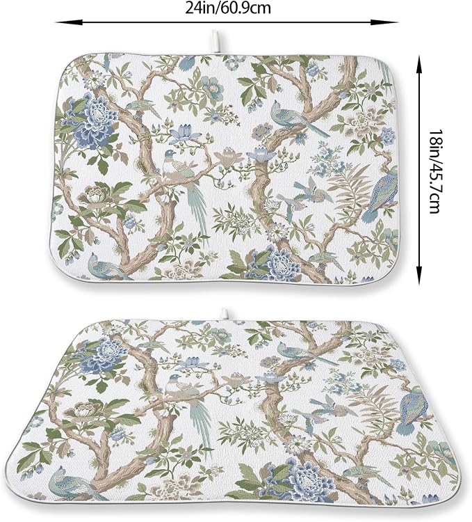 Blue Green Dish Drying Mat 18x24 Inch Chinoiserie Vintage Floral Bird Drying Mat Spring Summer Flower Seasonal Absorbent Dish Drying Pad Dish Rack Drainer Mats for Kitchen Dining Counter