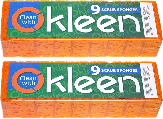 Orange Multi Use Scrub Sponge. Made in Europe. 18 Pack, 4.3x2.8x1.4 inches. Odorless Heavy Duty and Non Scratch Fiber. Durable and Delicate Scrubber for Oven and Stove, Bathroom and Basement