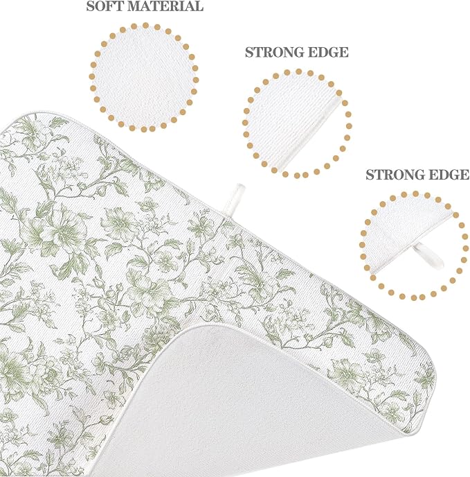 Sage Green Dish Drying Mat 18 x 24 Inch Chinoiserie Light Green Floral Drying Mat for Kitchen Counter Absorbent Spring Summer Flowers Dishes Dry Pad for Drainer Rack Kitchen Fast Dry