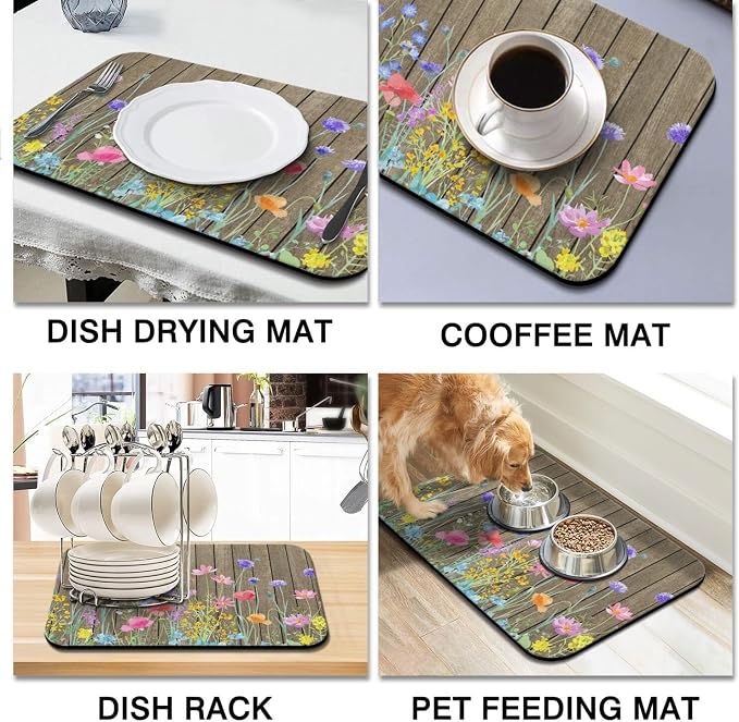 Dish Drying Mat 2-Pack, Wood Floral For Kitchen Counter Dishes Drying | Diatom Mud Mats (18x24, 19.5x12"). Non-slip rubber back for kitchen counter, coffee bar & sink scenes