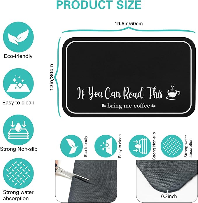 Coffee Bar Mat for Countertops 19inx12in,Absorbent Hide Stain Anti-Slip Cafe Bar Accessories Fit Under Coffee Machine Mat,Dish Drying mats for Kitchen Counter