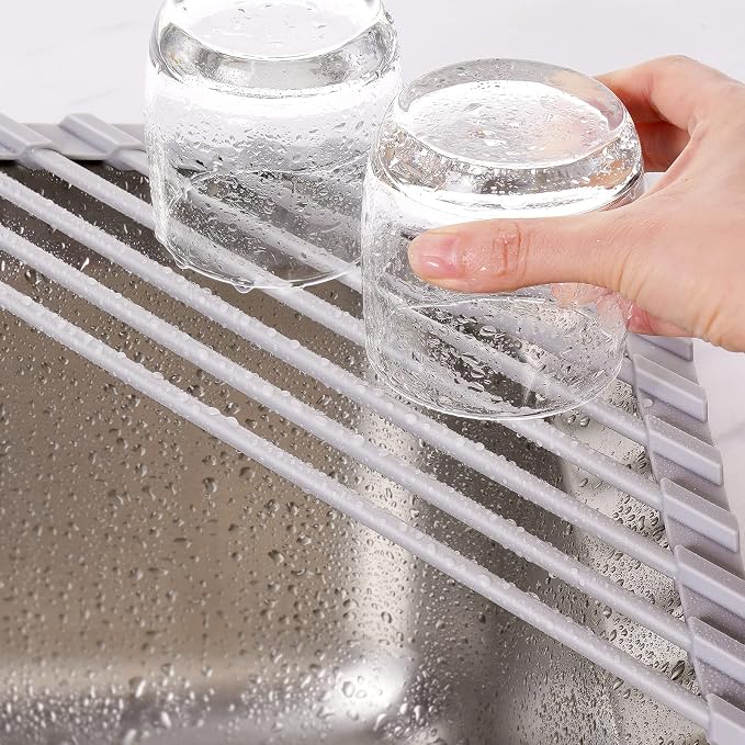 Tomorotec Triangle Roll-Up Dish Drying Rack - Small Foldable Silicone Coated for Sink Corner, Stainless Steel Over Sink Organizer, Drainer Caddy for Multipurpose Kitchen Storage (Gray)