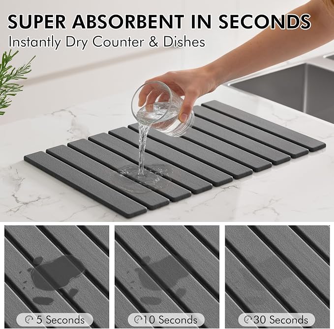 4 Pcs Stone Dish Drying Mat for Kitchen Counter, 24''x16'' Super Absorbent Diatomaceous Earth Stone Drying Mat Faucet Mat with 2 Coasters, Quick Dry Mat for Kitchen Counter Dishes Cups