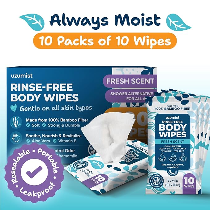 Body Wipes For Adults Bathing No Rinse - 100XL Thick Shower Wipes For Adults No Rinse, 10 Packs of 10 Adult Wipes for Men, Women, Personal Cleansing, Daily Hygiene, Bedridden & Elderly Care, Travel
