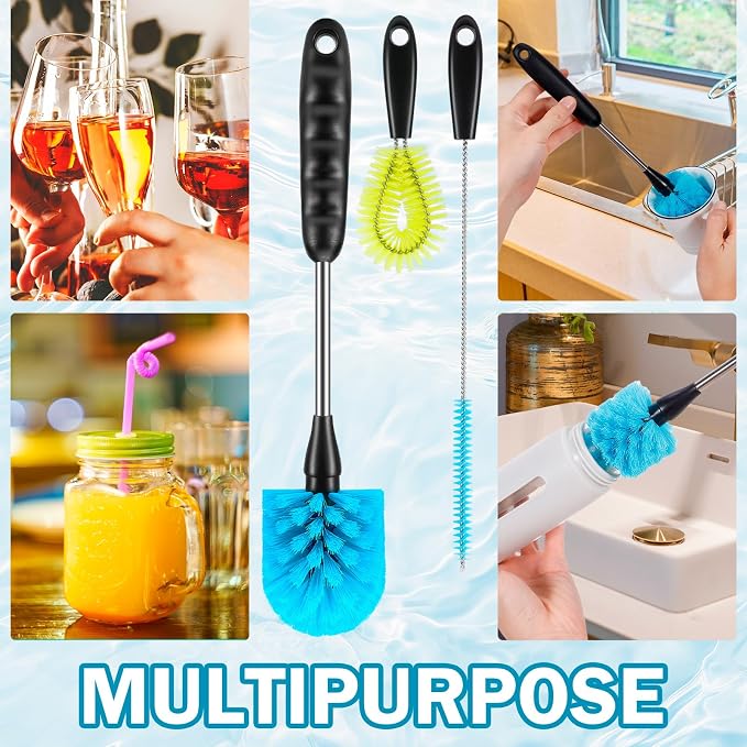 12.2 inch Bottle Brush Set of Three，Washable Coffee Cups, Water Bottles, Baby Bottles, Straws, to-go Cups, Long-Handled 3-in-1 Stainless Steel Bottle Brushes. (Yellow)
