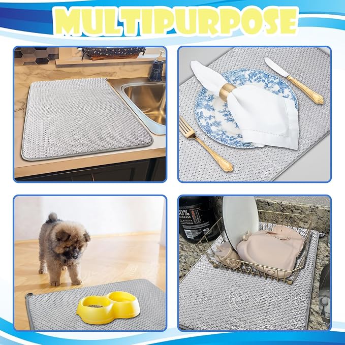 3 Pack Microfiber Dish Drying Mat,24 x 17 inch Super Absorbent Drying Pad,Large Size Dish Drying Mat for Countertops,Sinks,Draining Racks,Gray